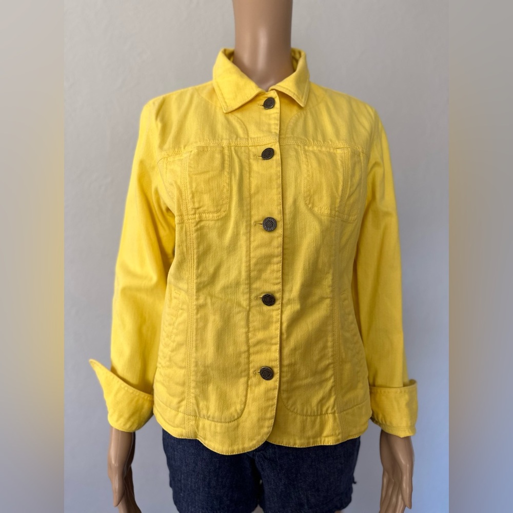 Chico's Yellow Embroidered Floral Button Front Collar Womens Jacket Size 1